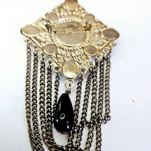 Vintage Victorian Revival Gold Tone Faux Onyx Cabochon Dangle Festoon Brooch Pin - Picture 8 of 9